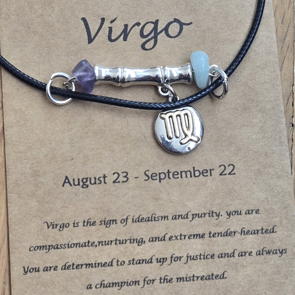 Virgo Zodiac Vibe Bar Necklace – Amethyst & Amazonite with Virgo Charm